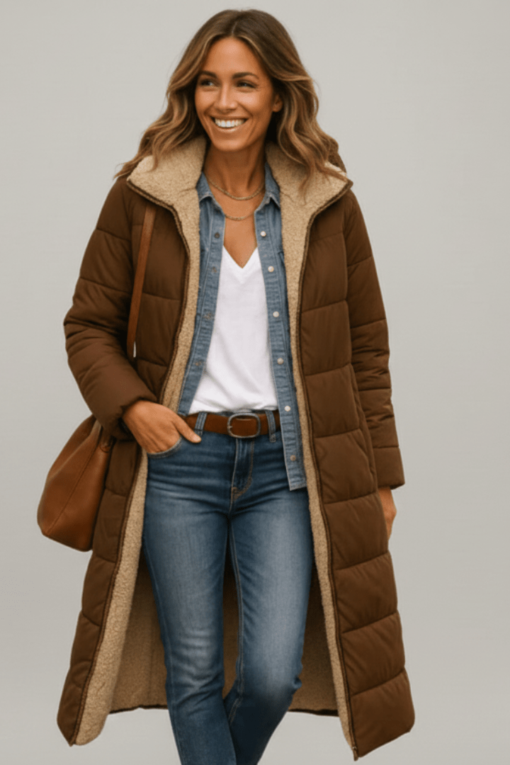 Brown hooded longline puffer coat, front on model