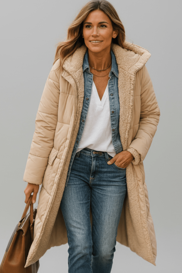 Beige hooded longline puffer coat, front on model