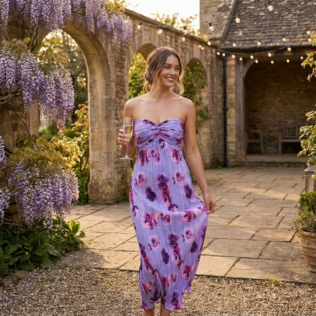 Elegant Floral Satin Midi Dress lifestyle photo