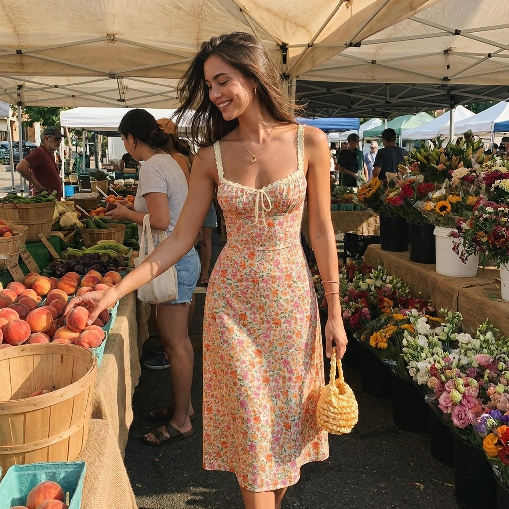 Floral-Print Trim Cami Midi Dress with Flowy Silhouette lifestyle photo