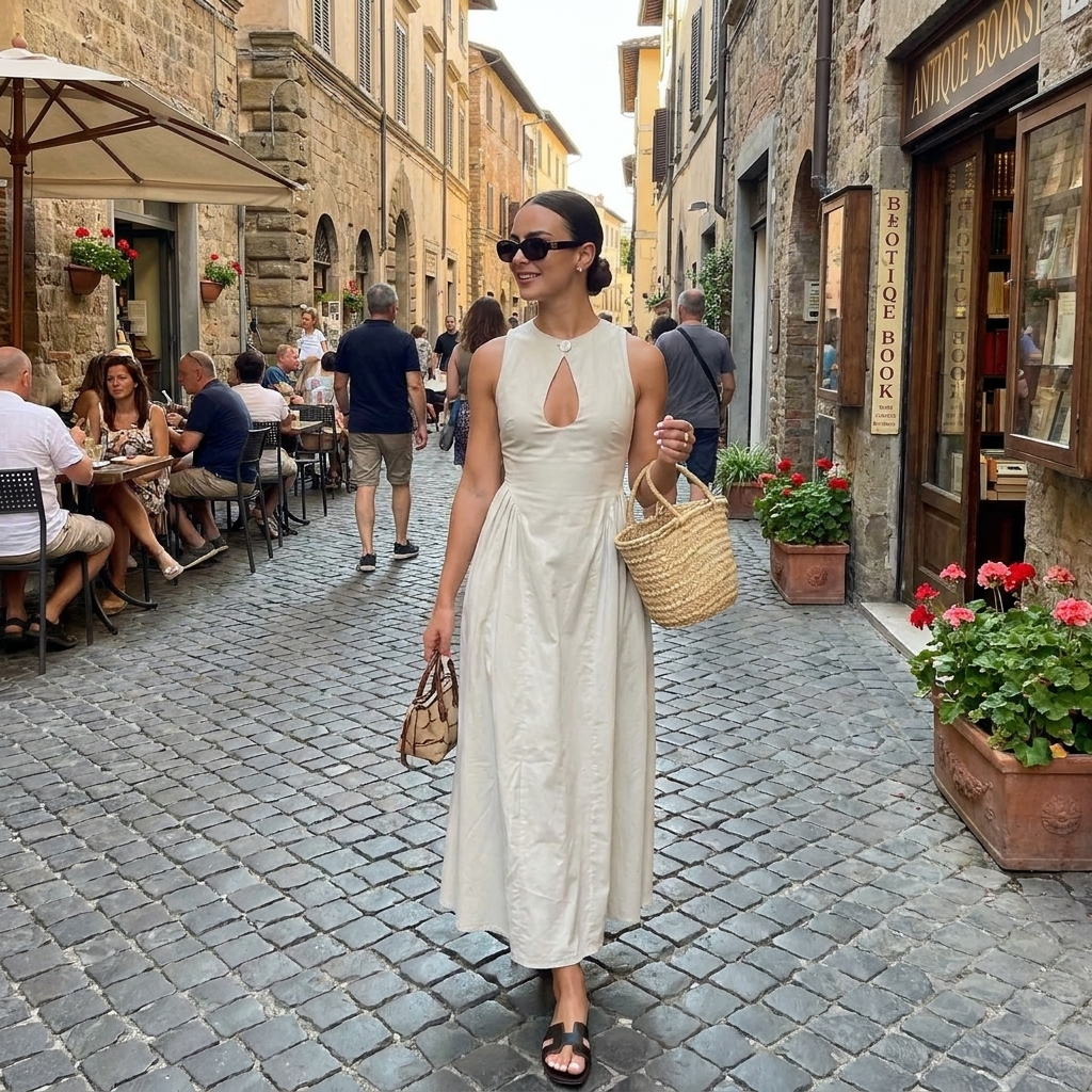 Breathable Cotton & Linen Pleated Maxi Dress with Cutout Detailing lifestyle photo
