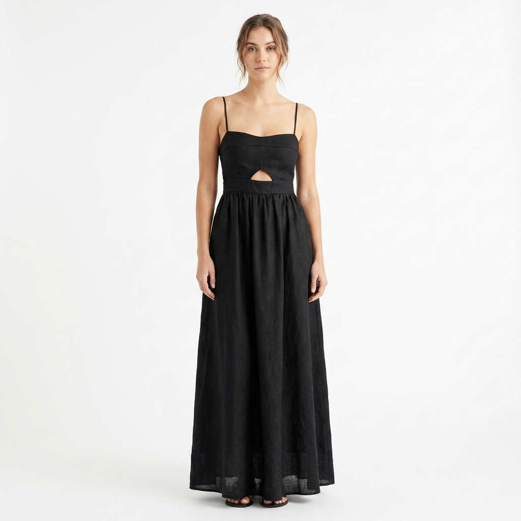 Cotton Sleeveless Long Dress with Pockets and Cutout Details catalog photo