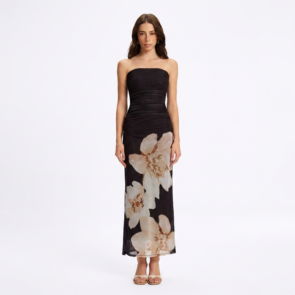 Semi-Sheer Strapless Dress in Ruched Floral Mesh catalog photo