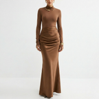 Satin-Panel Maxi Dress with Mock-Neck and Long Sleeves catalog photo