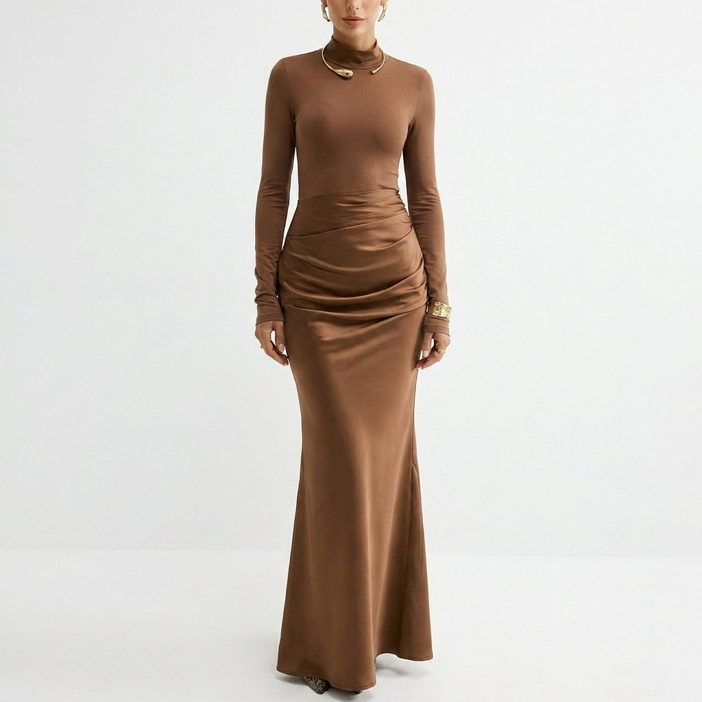 Satin-Panel Maxi Dress with Mock-Neck and Long Sleeves catalog photo