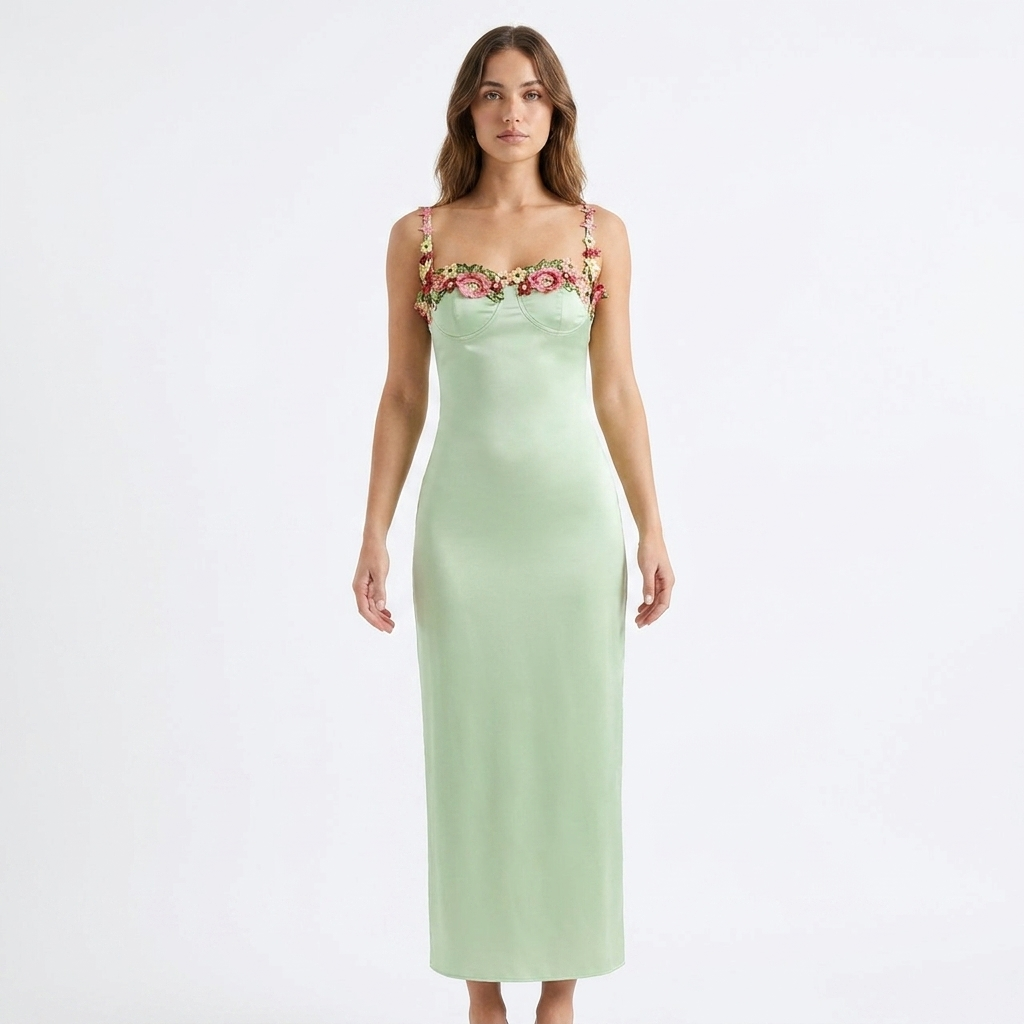 Elegant Floral Satin Midi Dress catalog photo