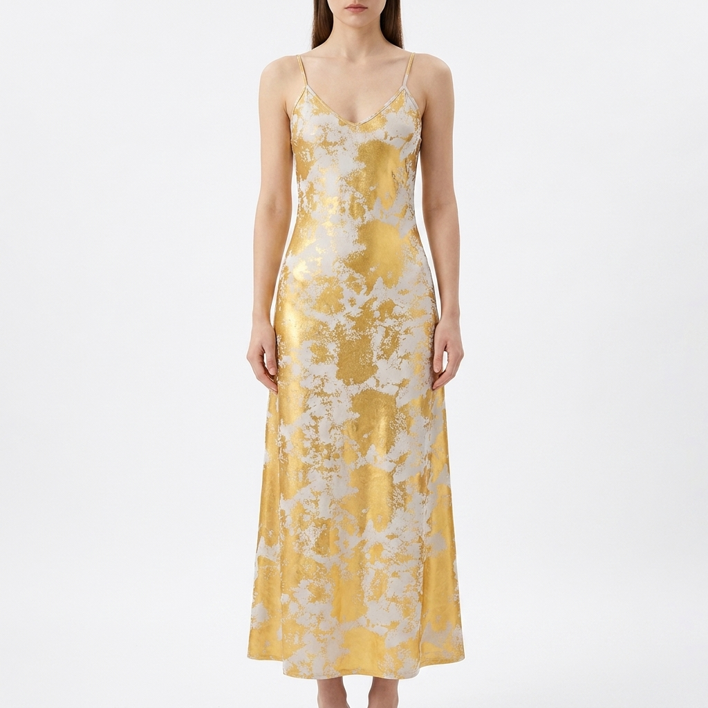 Metallic Print V-Neck Backless Slip Long Dress catalog photo