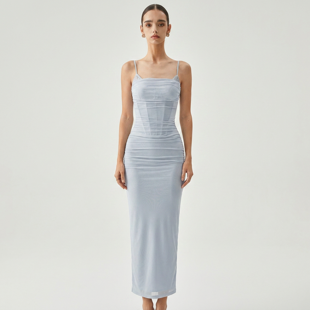Ribbed Draped Mesh Tank Maxi Dress with Slit catalog photo
