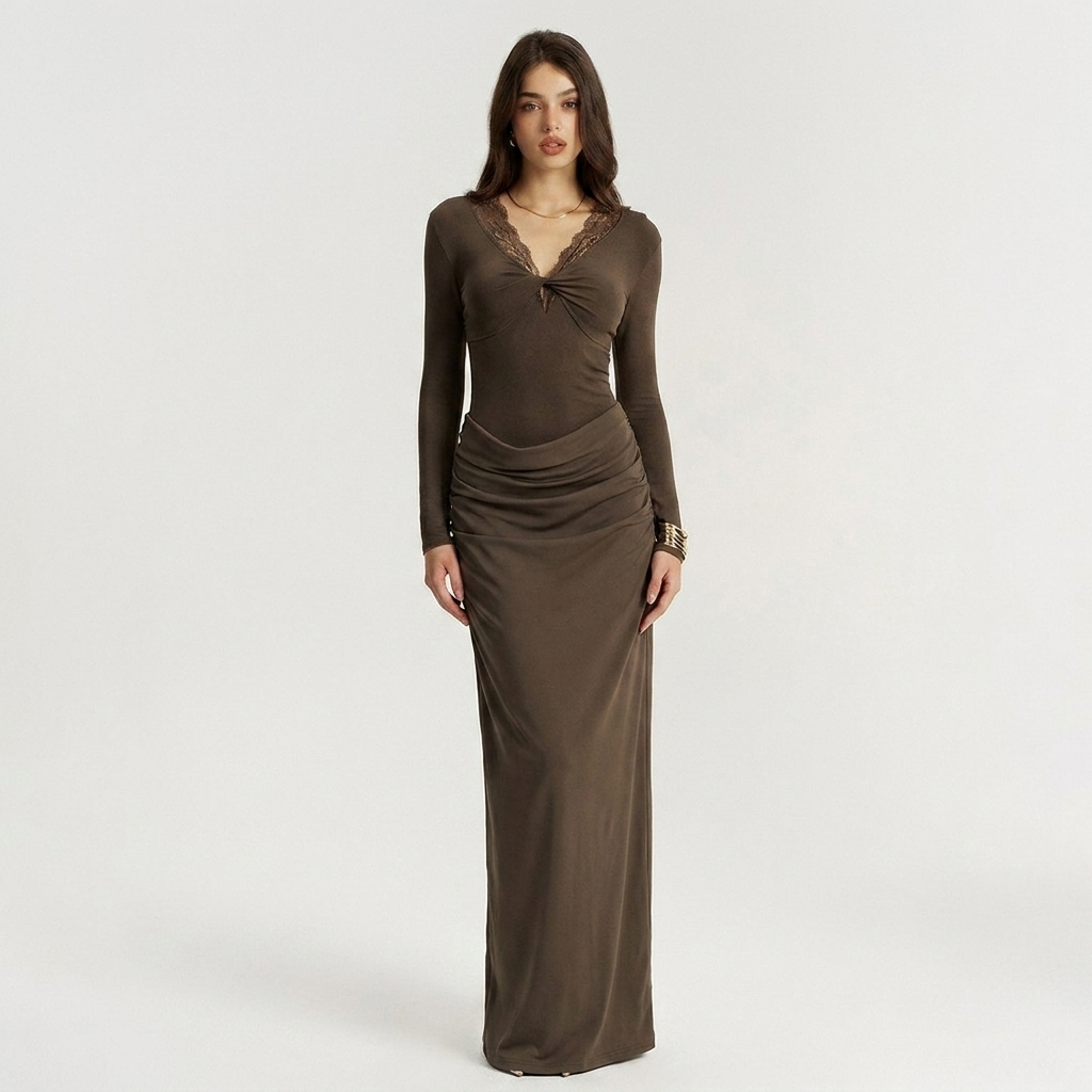 Elegant Twisted Lace V-Neck Ruched Maxi Dress catalog photo
