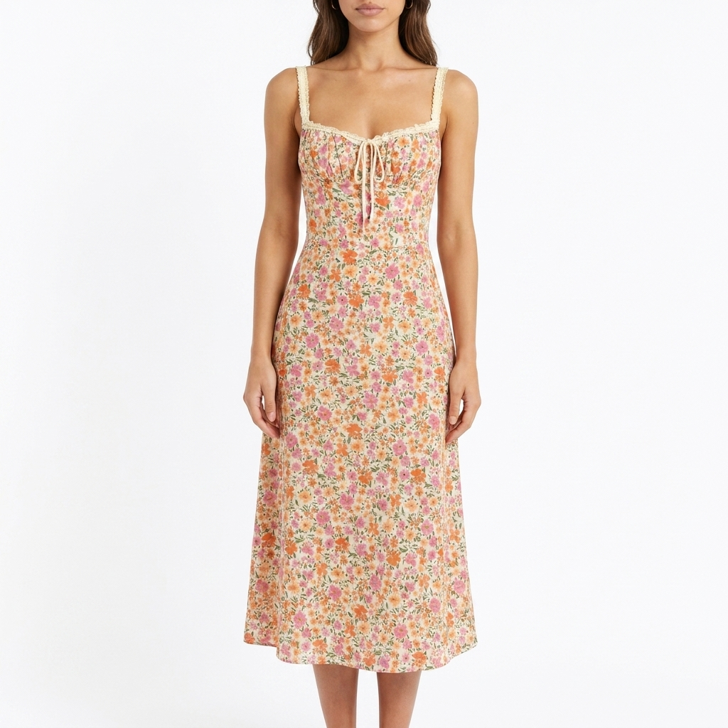 Floral-Print Trim Cami Midi Dress with Flowy Silhouette catalog photo