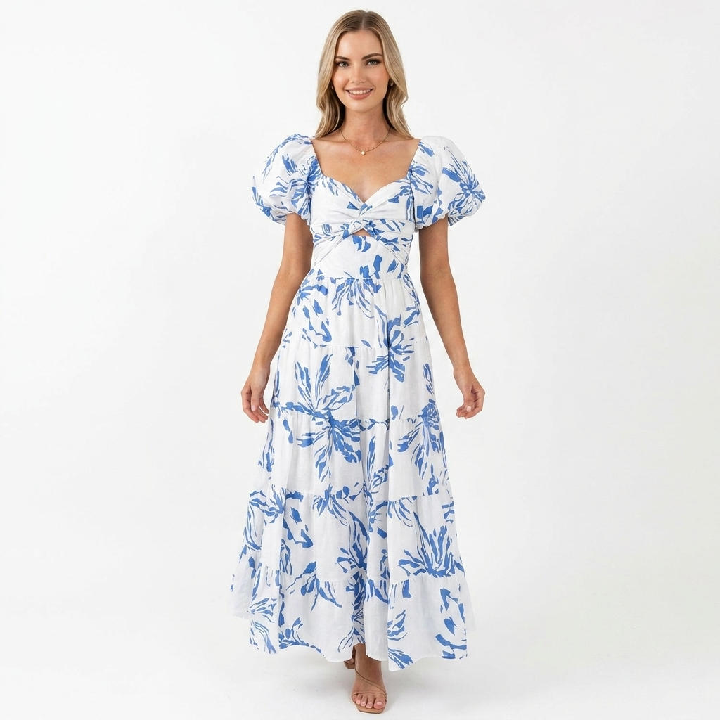 Chic Puff-Sleeve Midi Dress with Twist Detail catalog photo