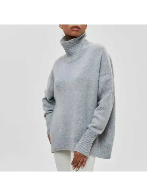 Gray oversized turtleneck knit sweater, front