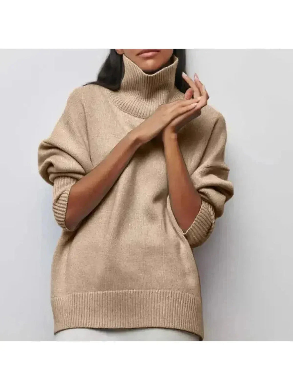 Light blue oversized turtleneck knit sweater, styled