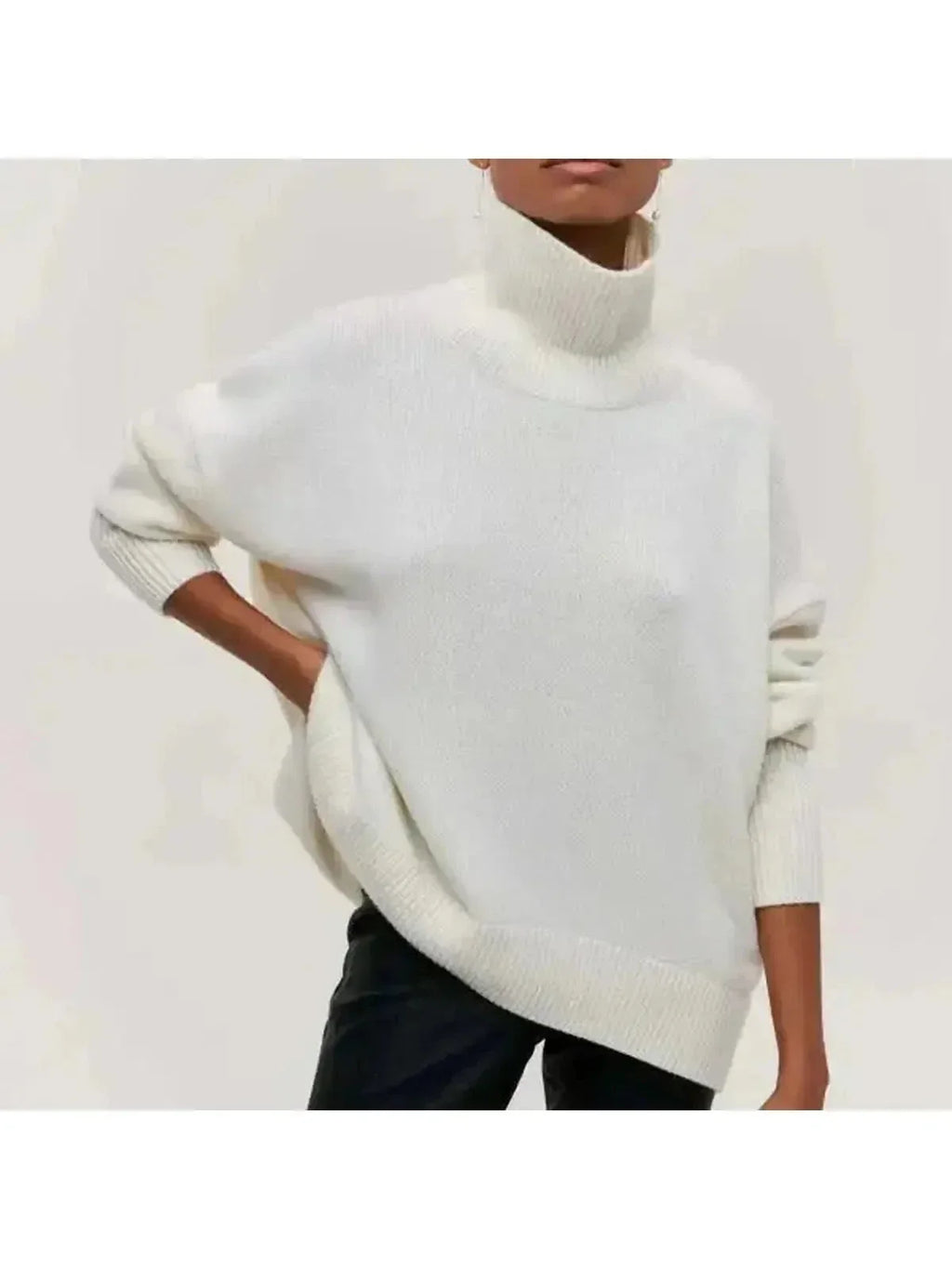 White oversized turtleneck knit sweater, front
