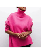 Black oversized turtleneck knit sweater, front