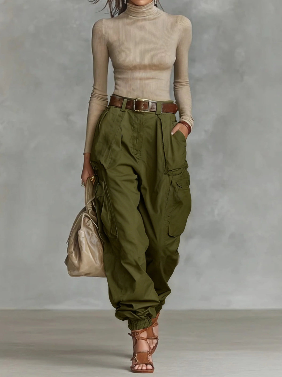 Army green parachute cargo pants, on model