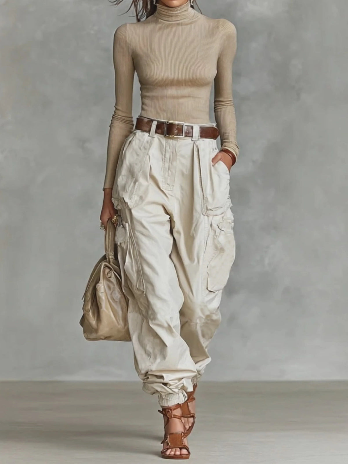 Stone white parachute cargo pants, on model