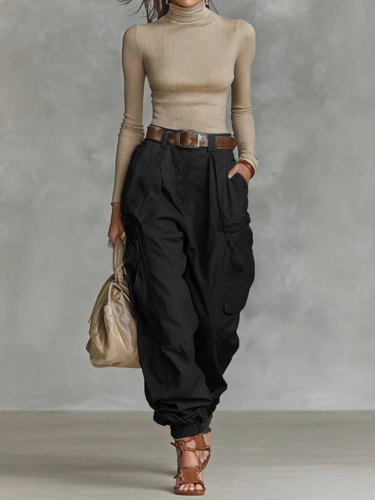 Black parachute cargo pants, on model