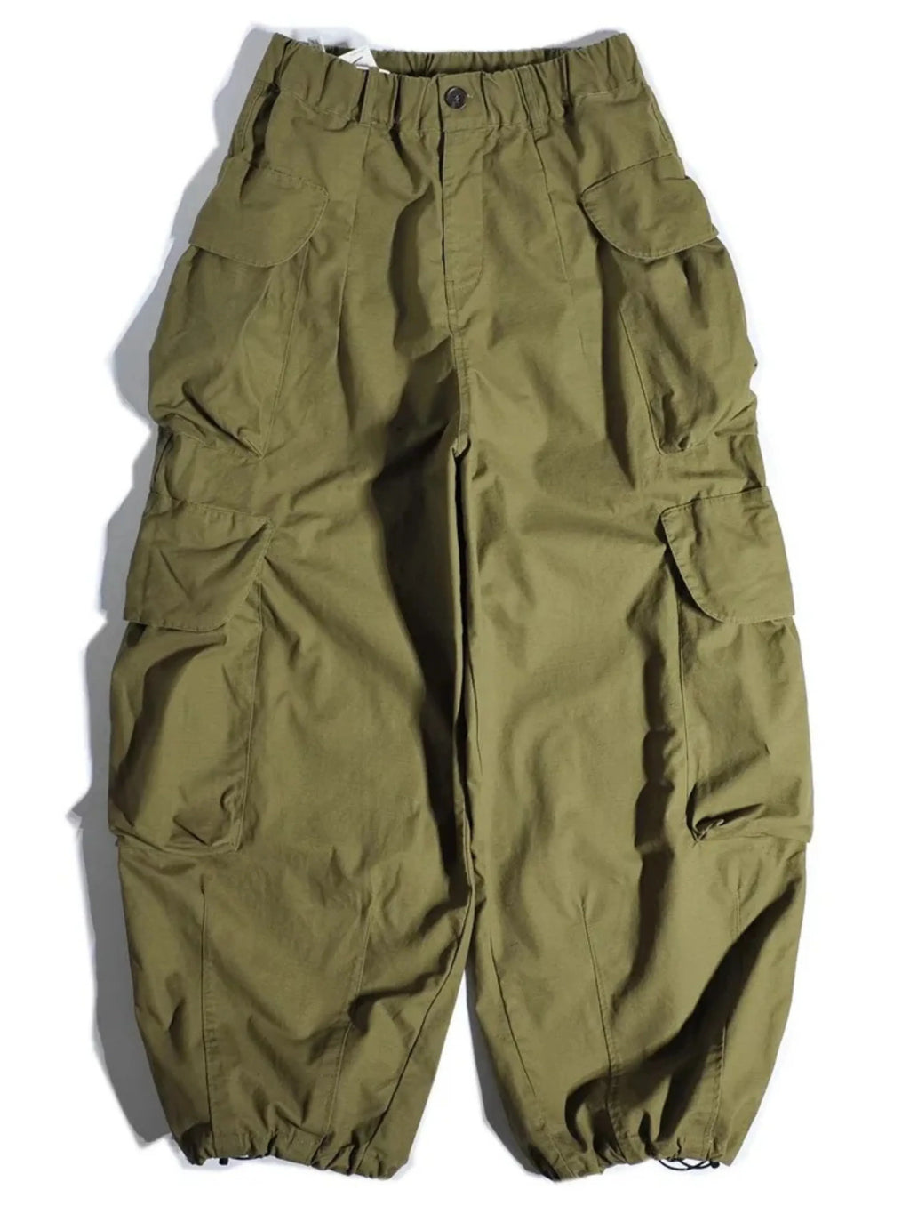 Army green parachute cargo pants, flat