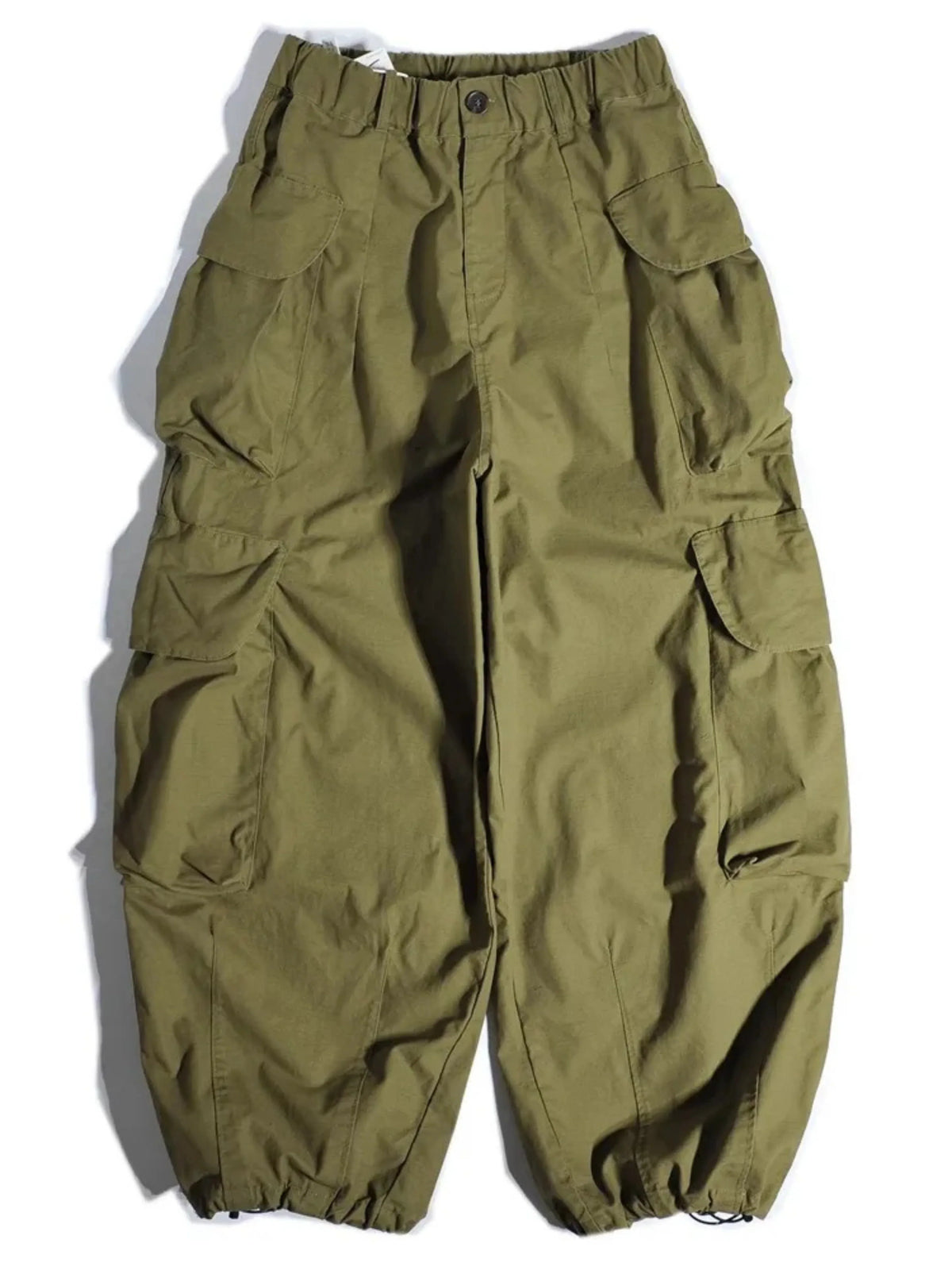 Army green parachute cargo pants, flat