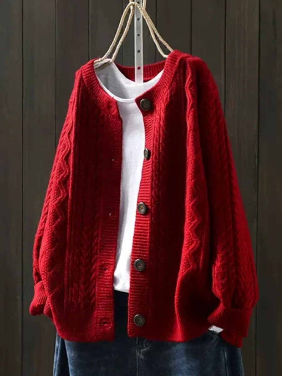 Red oversized cable-knit cardigan, front