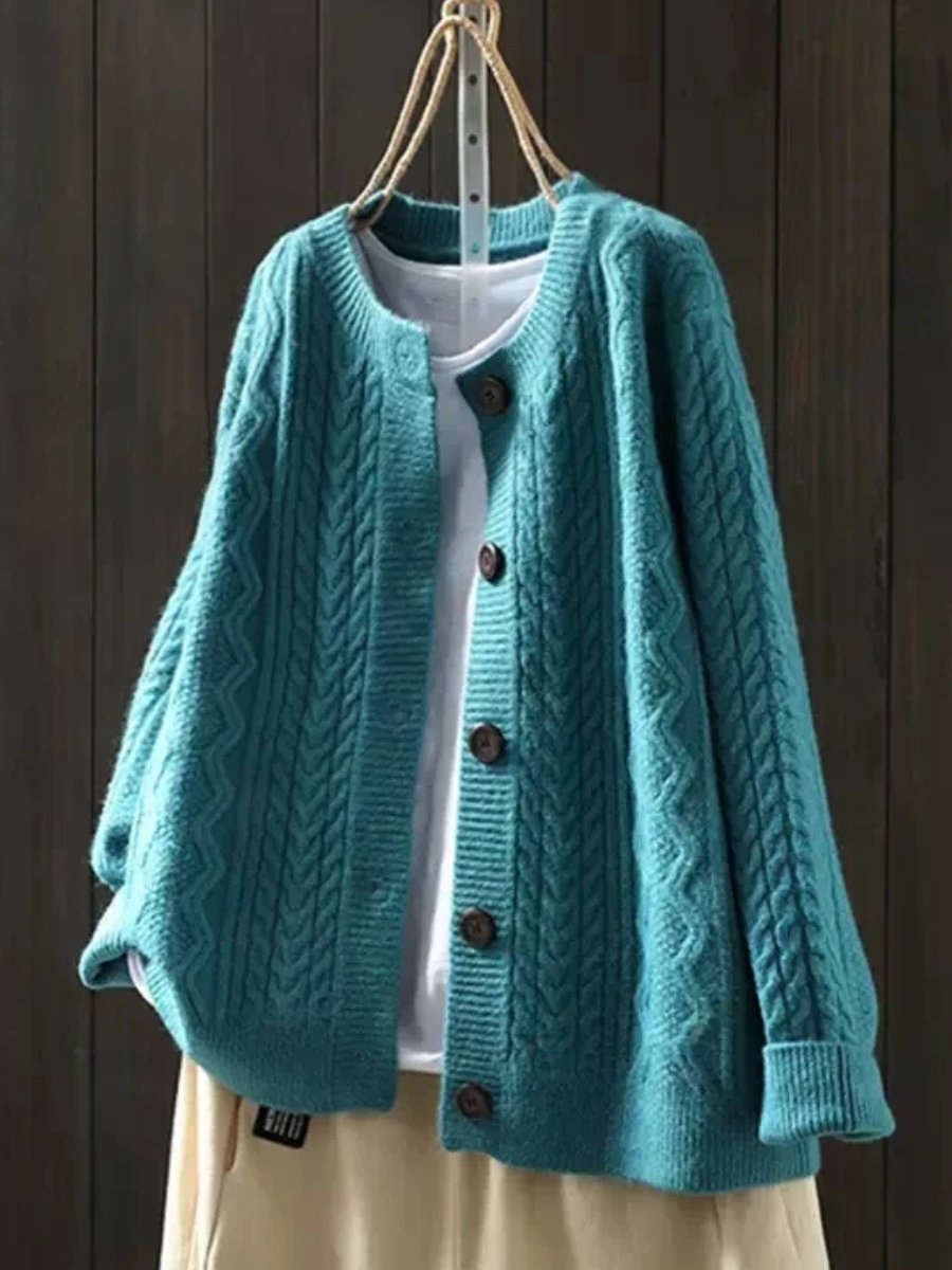 Teal blue oversized cable-knit cardigan, front
